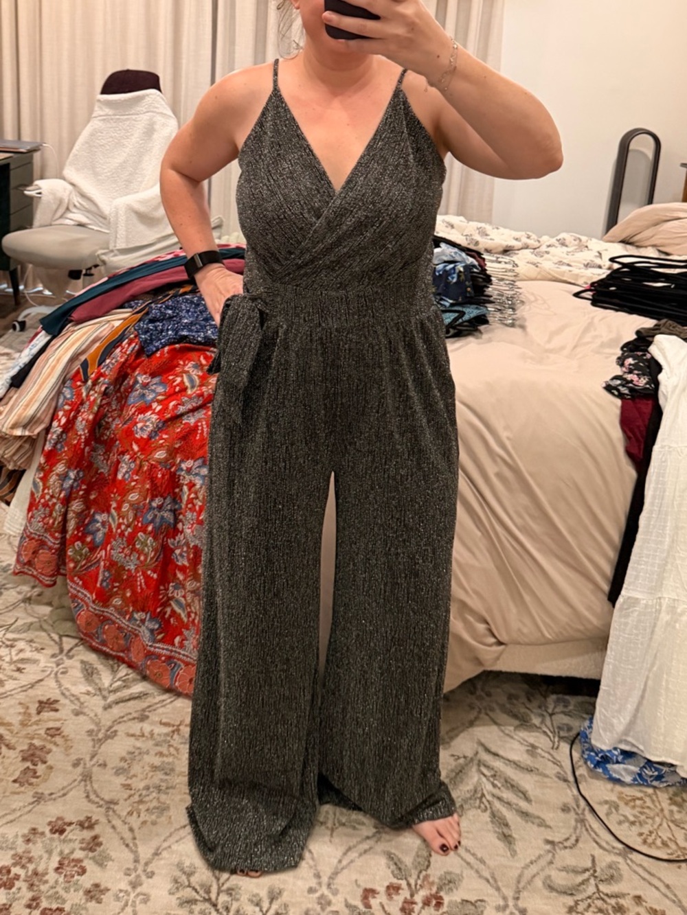 Kaileigh Metallic Charcoal V-Neck Wide-Leg Jumpsuit